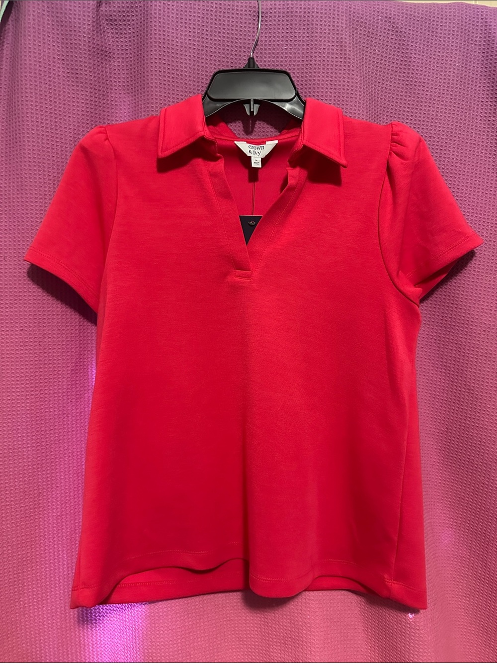 crown & ivy Bright Red Short Sleeve Polo Tee